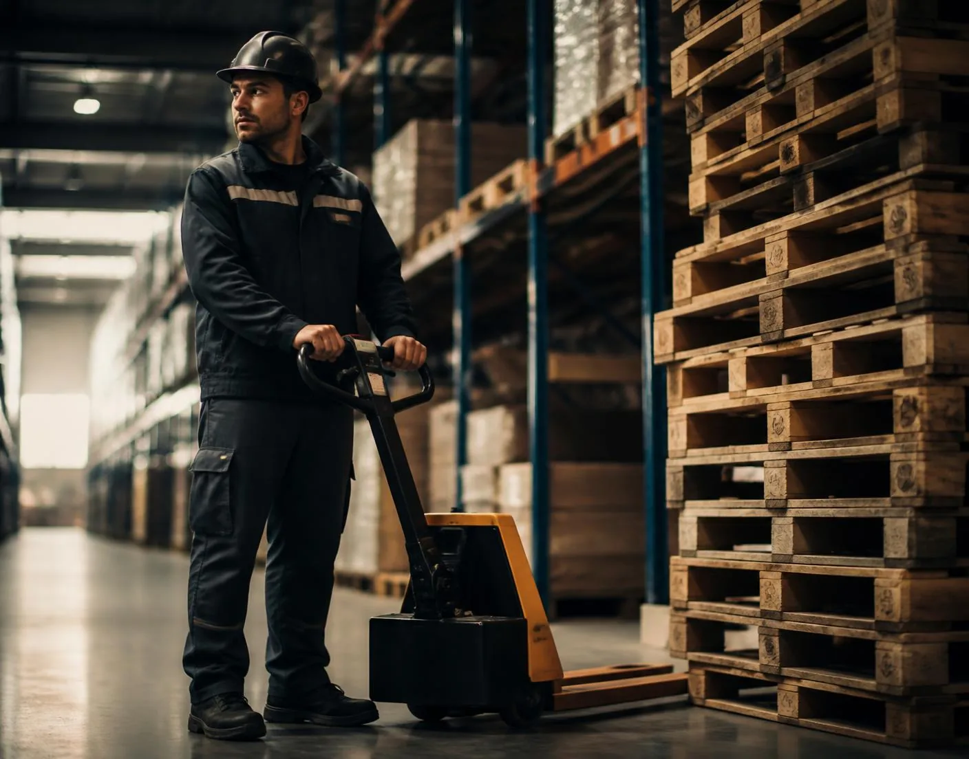 Operador de logística ao lado de pallets de madeira empilhados em galpão