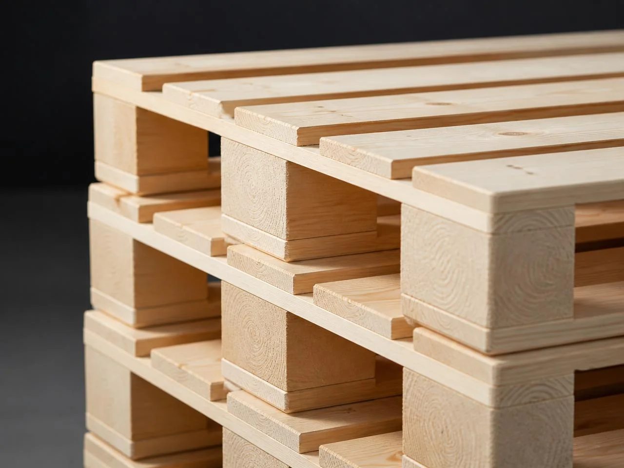 Pallets novos de madeira empilhados com acabamento uniforme em ambiente industrial