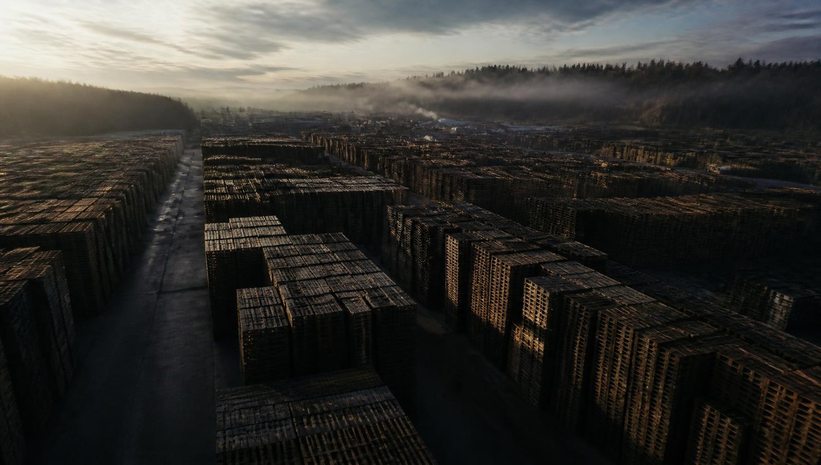 Pátio industrial com milhares de pallets empilhados ao amanhecer
