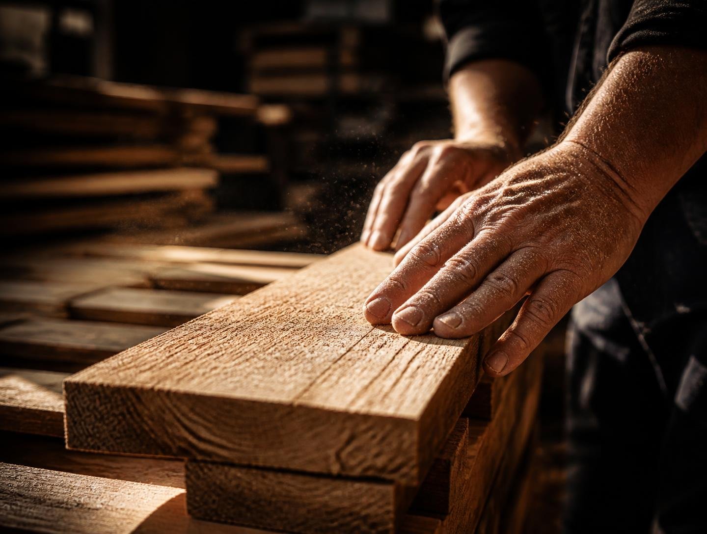 Marceneiro inspecionando tábua de madeira para fabricação de pallets